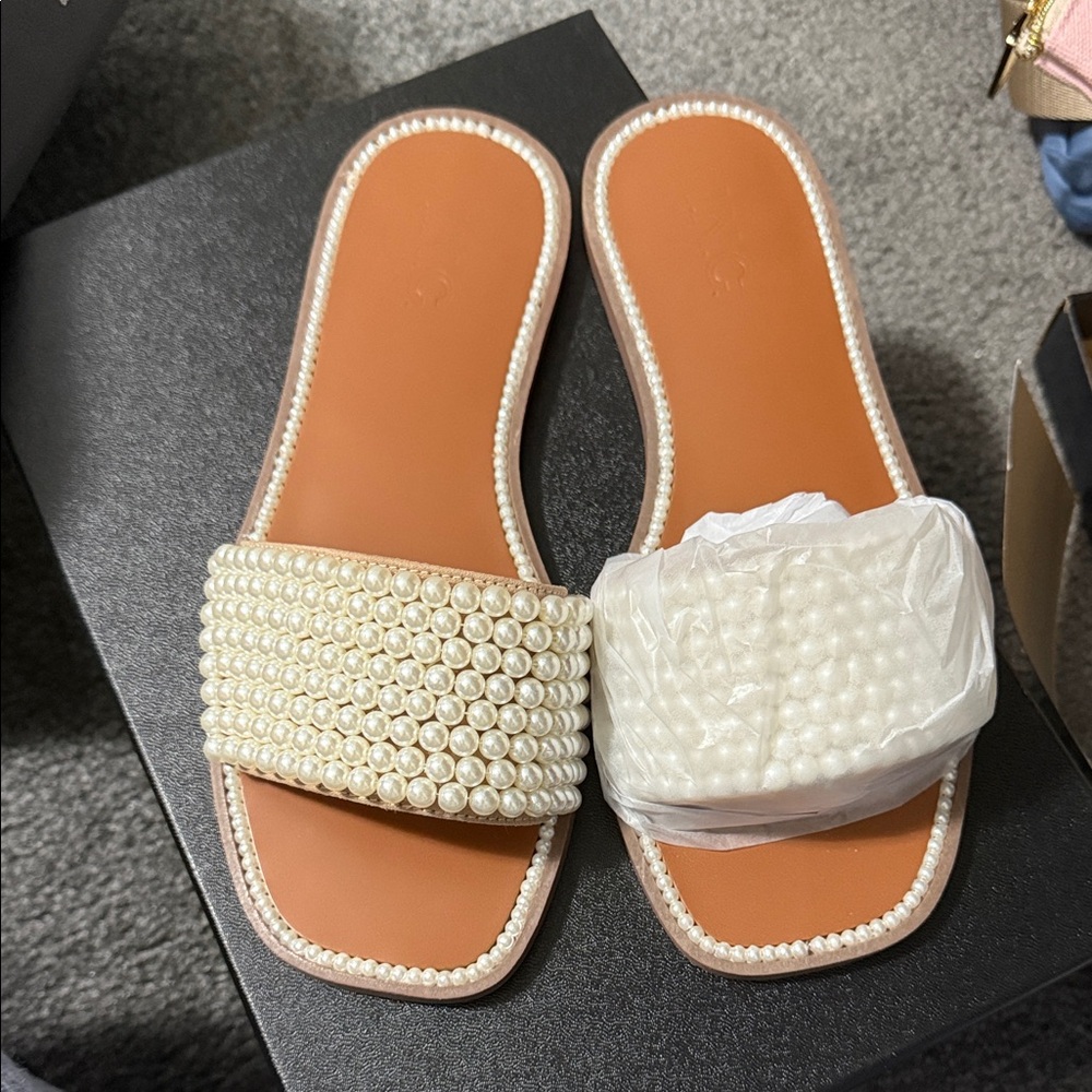 INC International Concepts Pearl Embellished Sandals - Tan and Cream